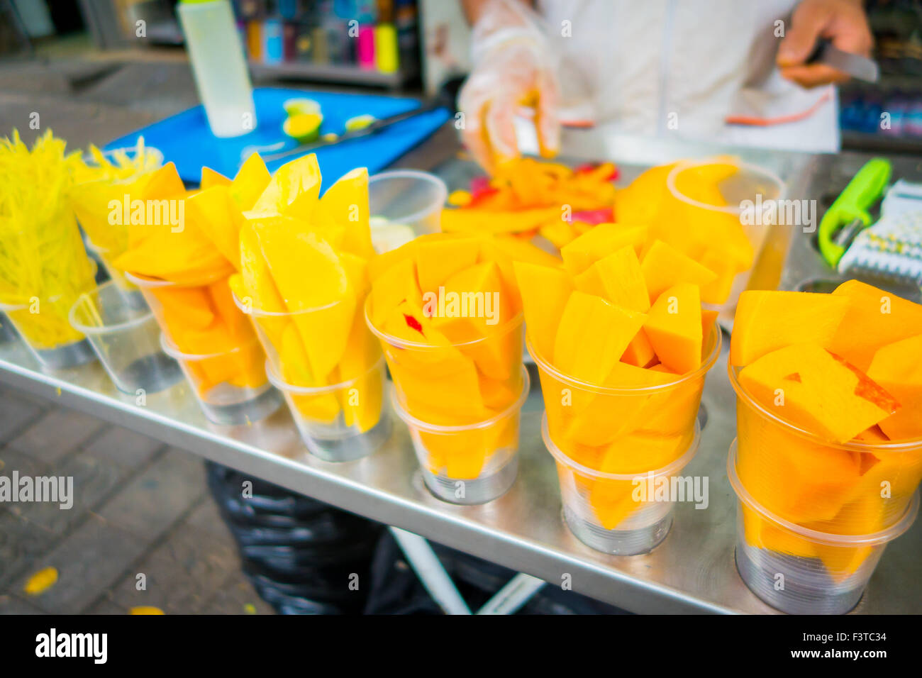 Fresh sliced mango, street food in Medellin Stock Photo Alamy