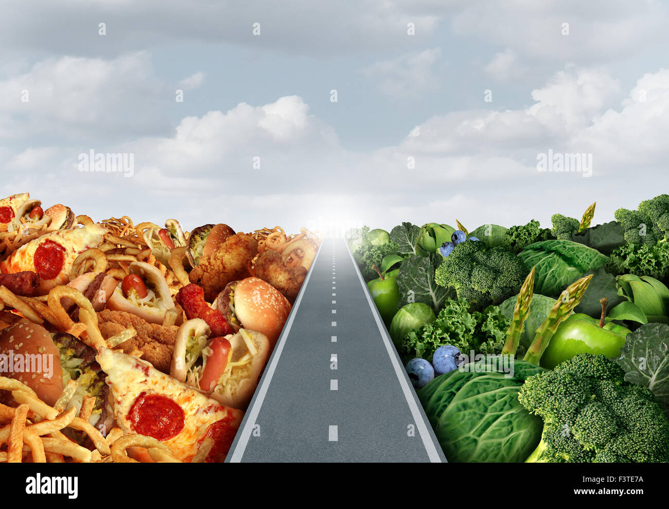 Diet lifestyle concept or nutrition decision symbol and food choices dilemma between healthy good fresh fruit and vegetables or Stock Photo