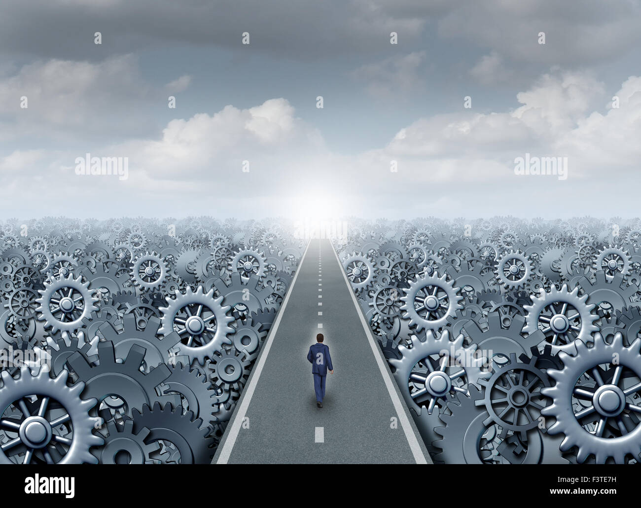 Business opportunity road concept and entrepreneur success symbol as a businessman walking on a straight path with machine gear Stock Photo