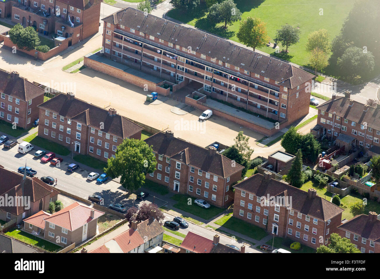 aerial view Mildenhall Estate in Bury St Edmunds, Suffolk, UK Stock