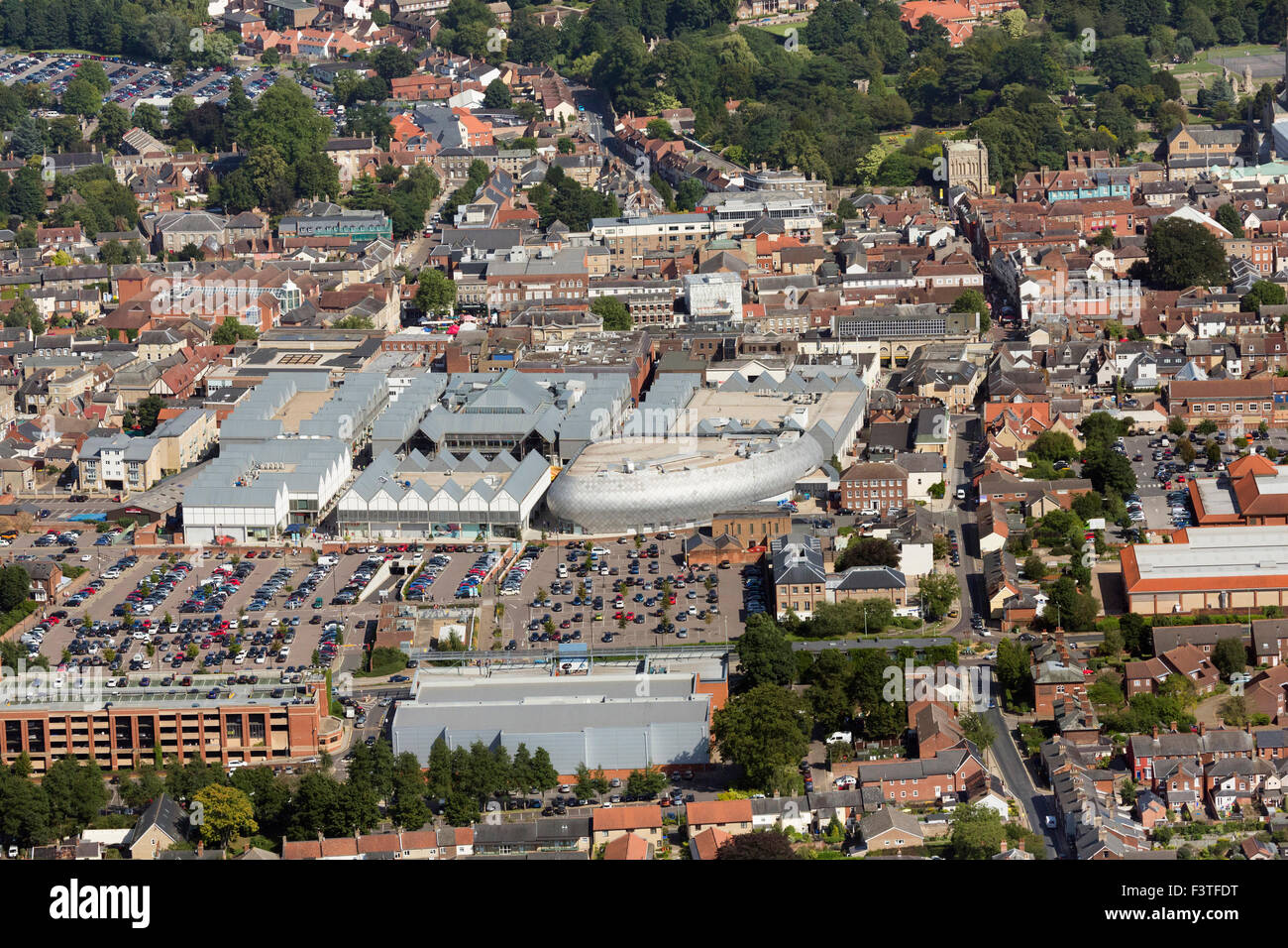 Bury St Edmunds town centre, Arc Shopping Centre and car park, aerial photo, UK Stock Photo