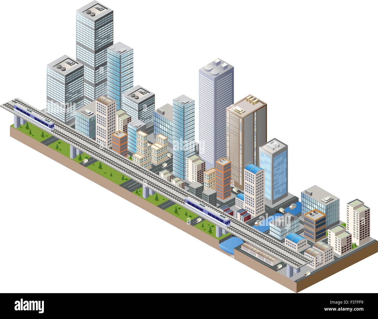 Vector isometric city center on the map with lots of buildings, skyscrapers, factories, and parks Stock Vector