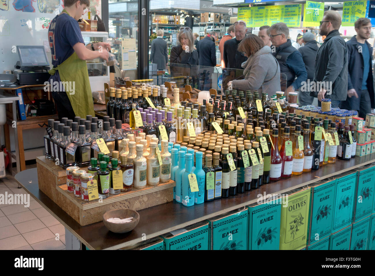 Gourmet products, extra virgin olive oil, balsamico, truffle oil, etc. at Torvehallerne, the covered food market, Israels Plads, Israels Square. Stock Photo