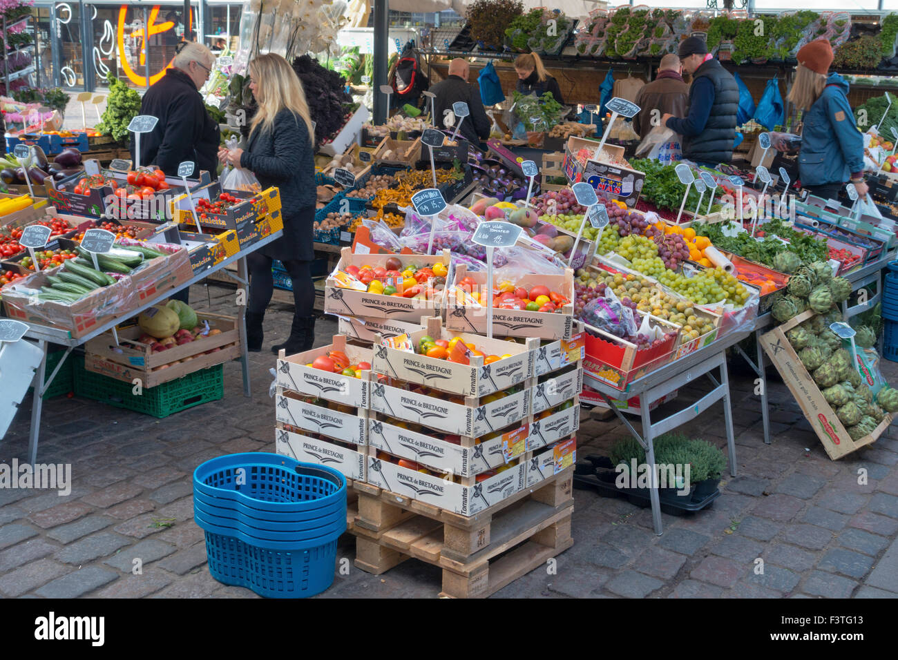 Outdoor fruit and vegetable stalls at Torvehallerne, the covered food