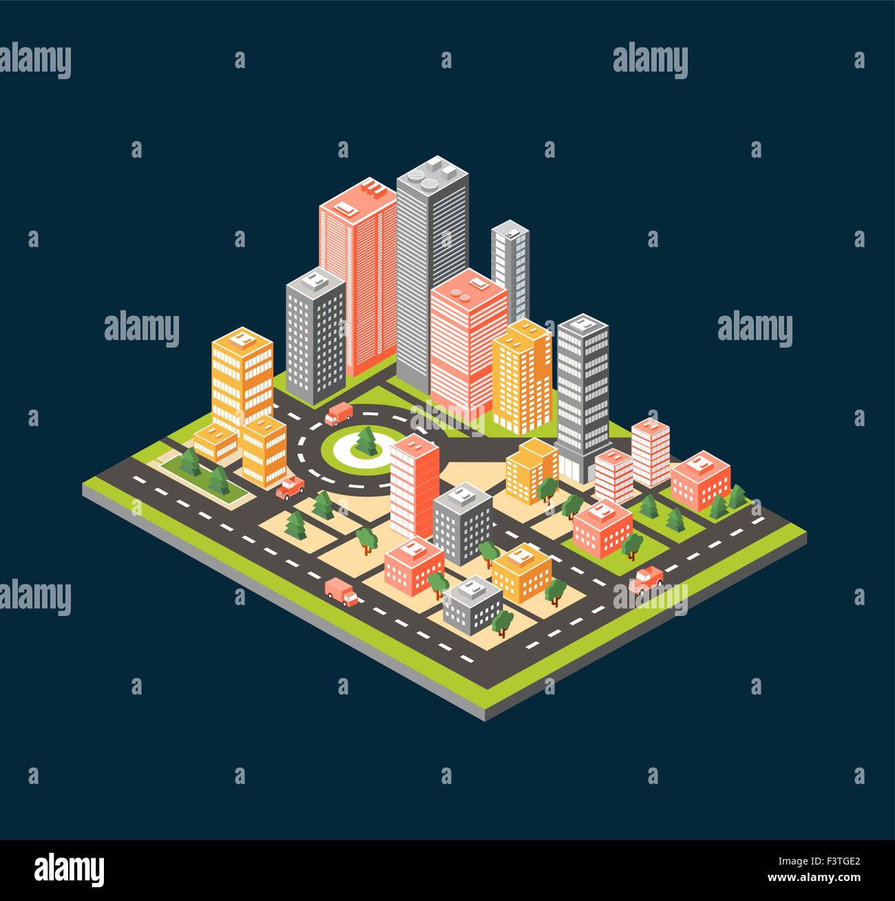 City style flat. Vector isometric city center on the map with lots ...