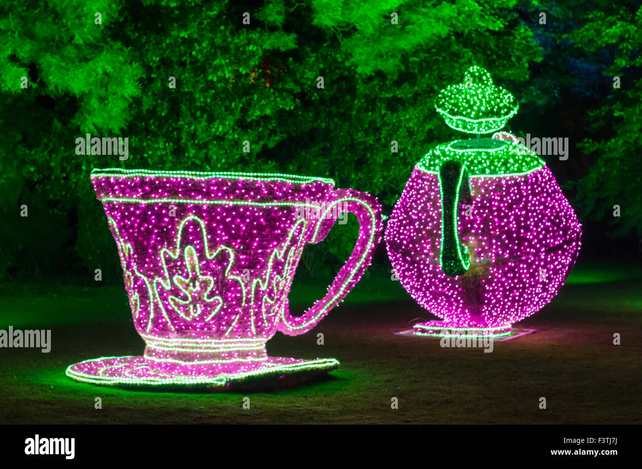 'Teapot and Teacup' from Alice in Wonderland Installation, situated in Roker Park, as part of Sunderland Illuminations 2015 Stock Photo