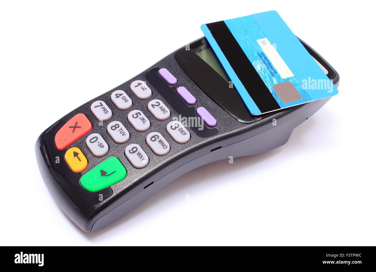 Payment terminal with contactless credit card on white background ...