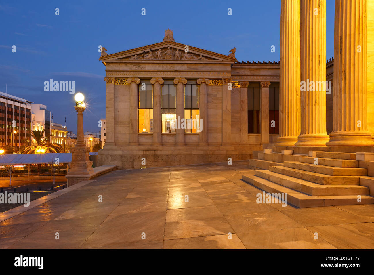 Building of the modern Academy of Athens in Panepistimio and view of Panepistimiou street Stock Photo