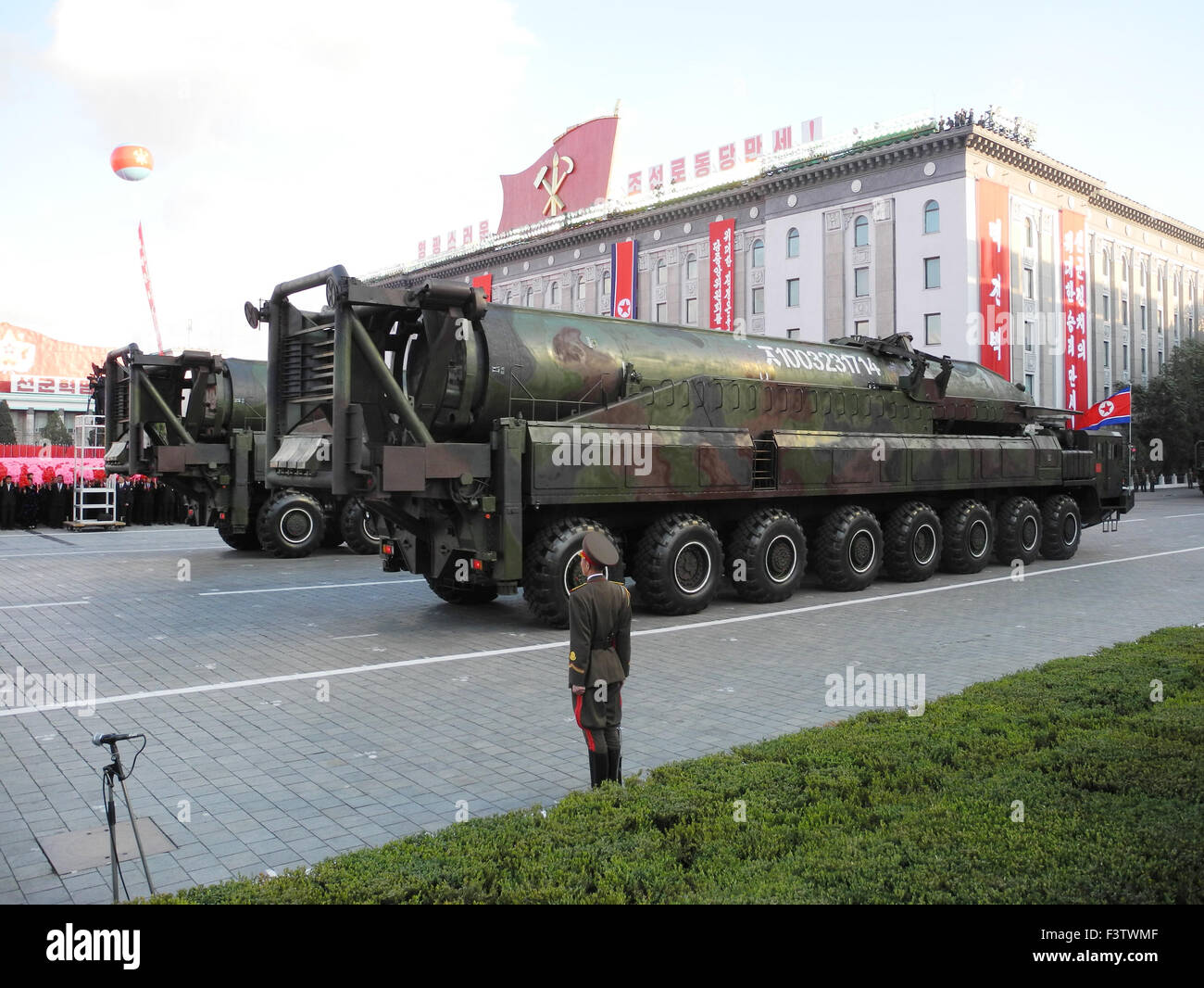 A KN-08 intercontinental ballistic missile is displayed during a military parade on the 70th anniversary of the founding of the ruling Workers' Party, on Kim Il-sung Square in Pyongyang, North Korea, 10 October 2015. PHOTO: JOERN PETRING/DPA Stock Photo