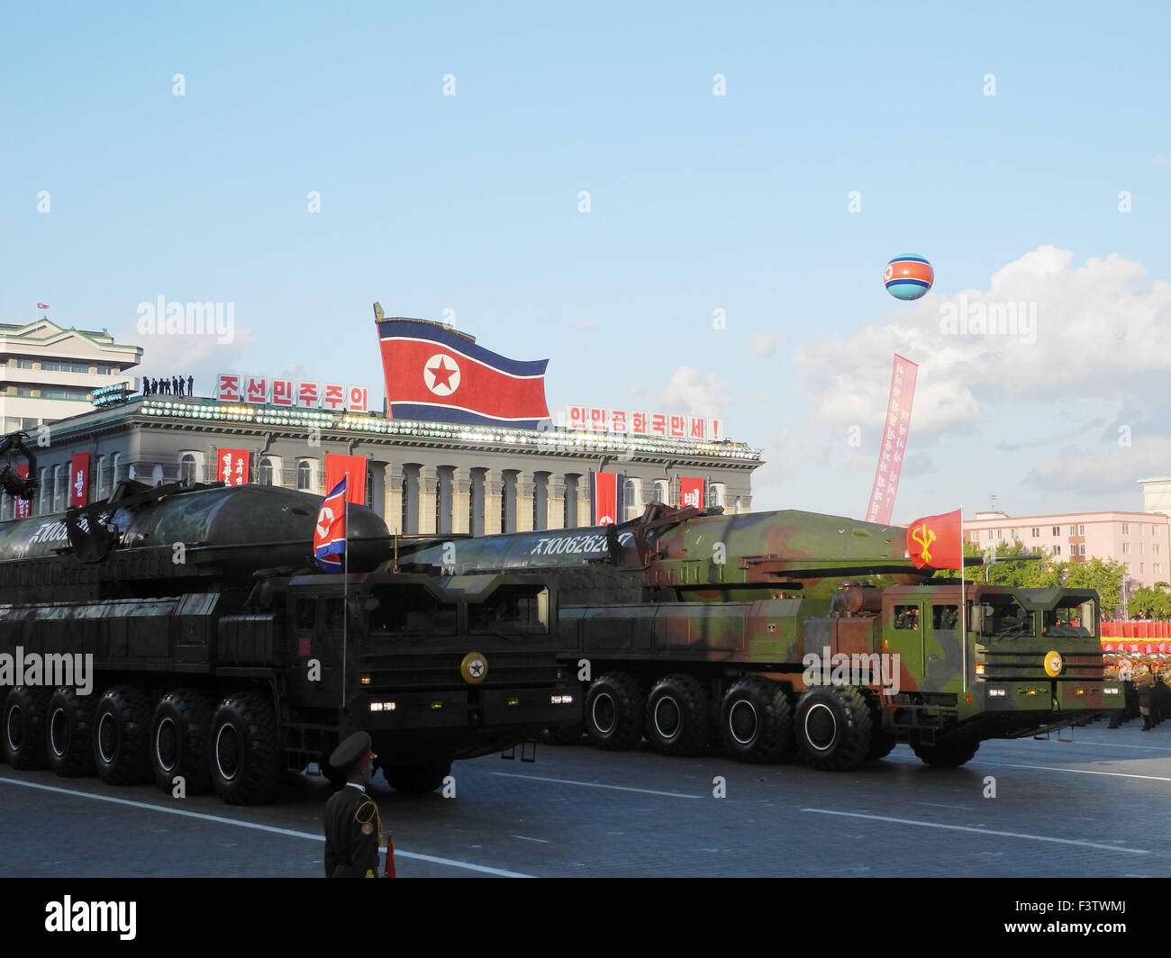 KN-08 intercontinental ballistic missiles on display during a military parade on the 70th anniversary of the founding of the ruling Workers' Party, on Kim Il-sung Square in Pyongyang, North Korea, 10 October 2015. PHOTO: JOERN PETRING/DPA Stock Photo