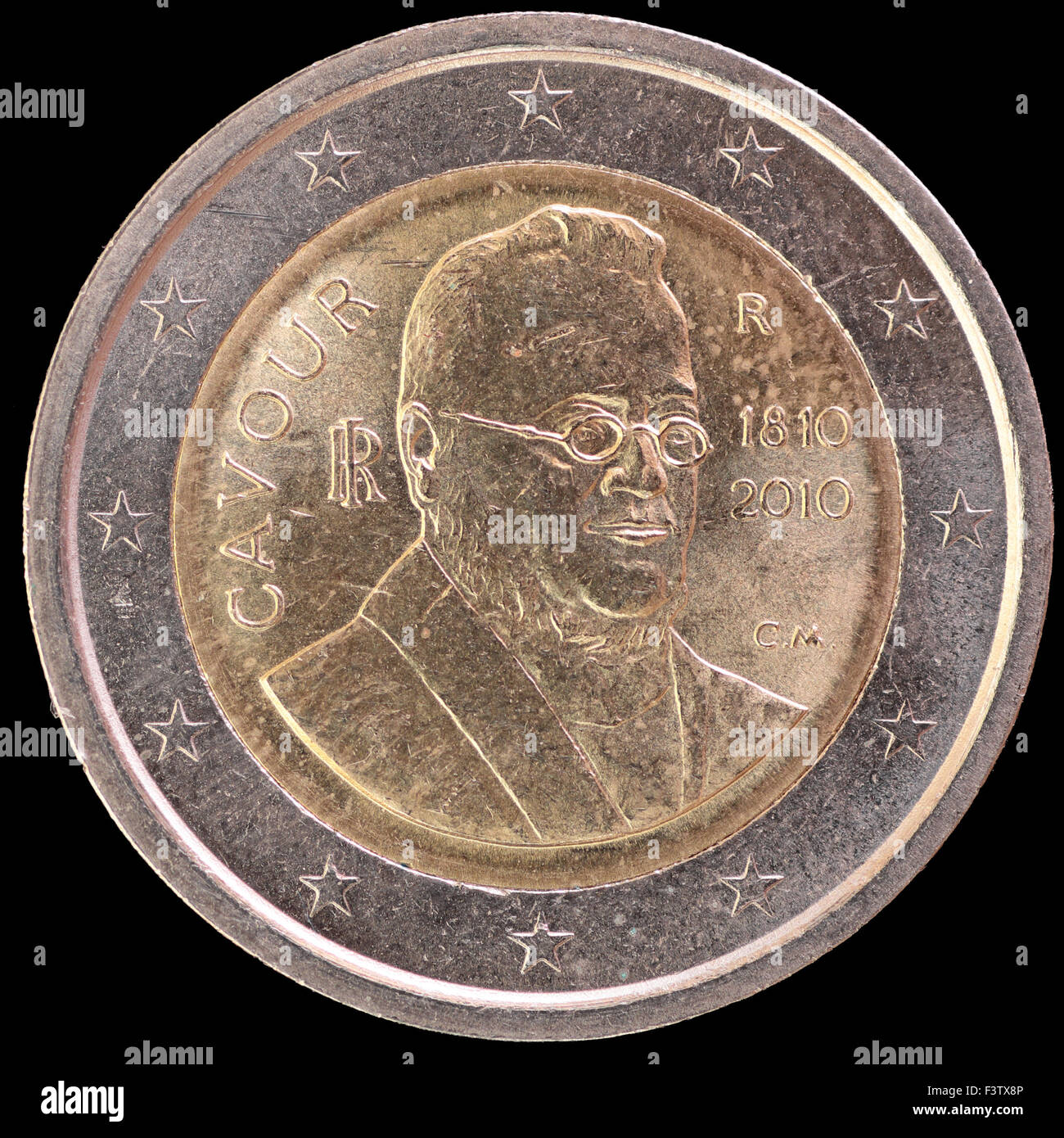 A commemorative circulated two euro coin issued by Italy in 2010 and depicting the portrait of Camillo Benso, Count of Cavour Stock Photo
