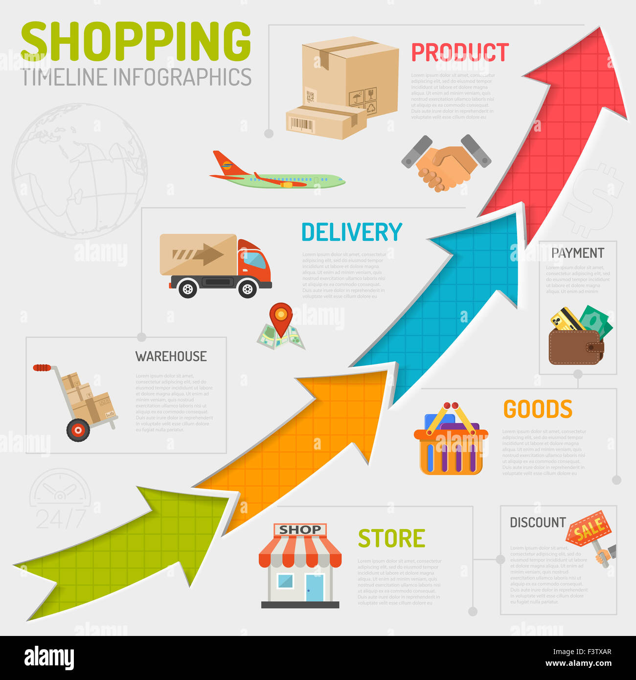 Shopping Infographic In Flat Style Icons On Theme Of Retail Sales Online Shopping Delivery Of Goods Such As Sale Shop Cash Stock Photo Alamy