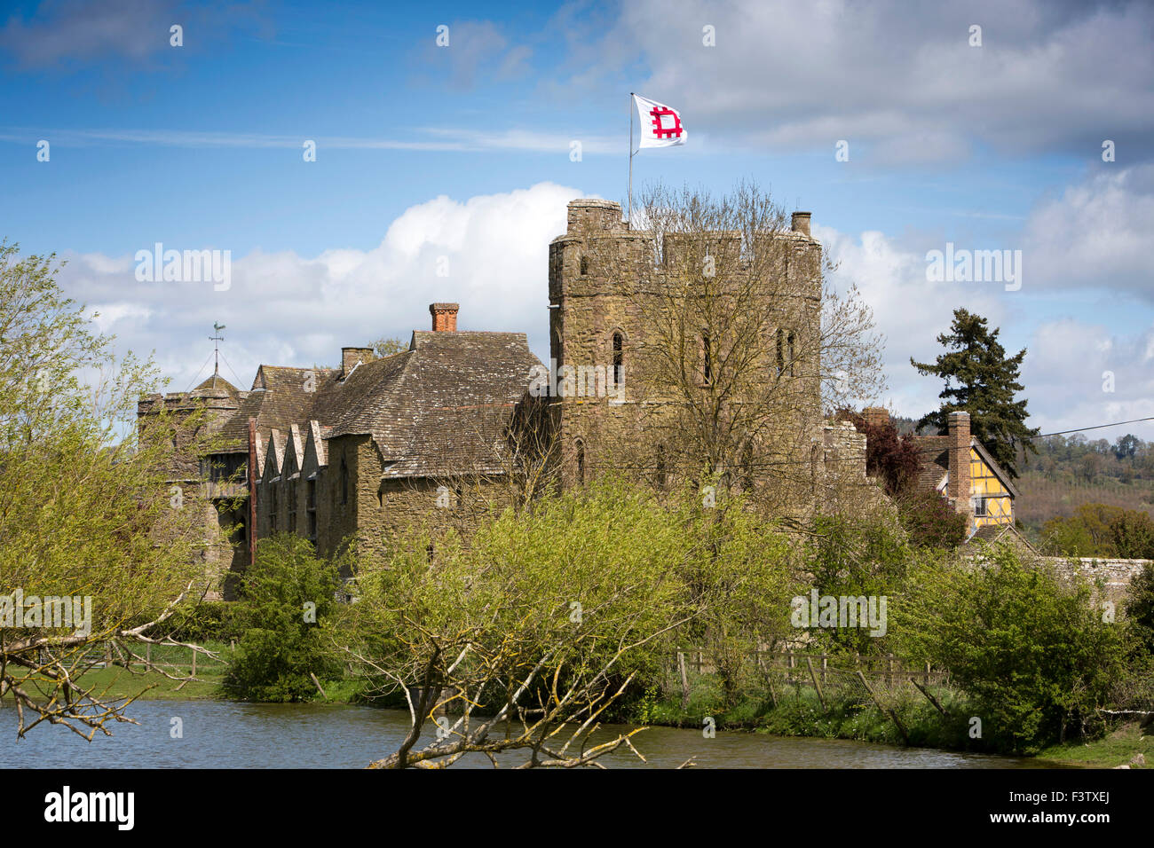UK, England, Shropshire, Craven Arms, Stokesay Castle from across the lake Stock Photo