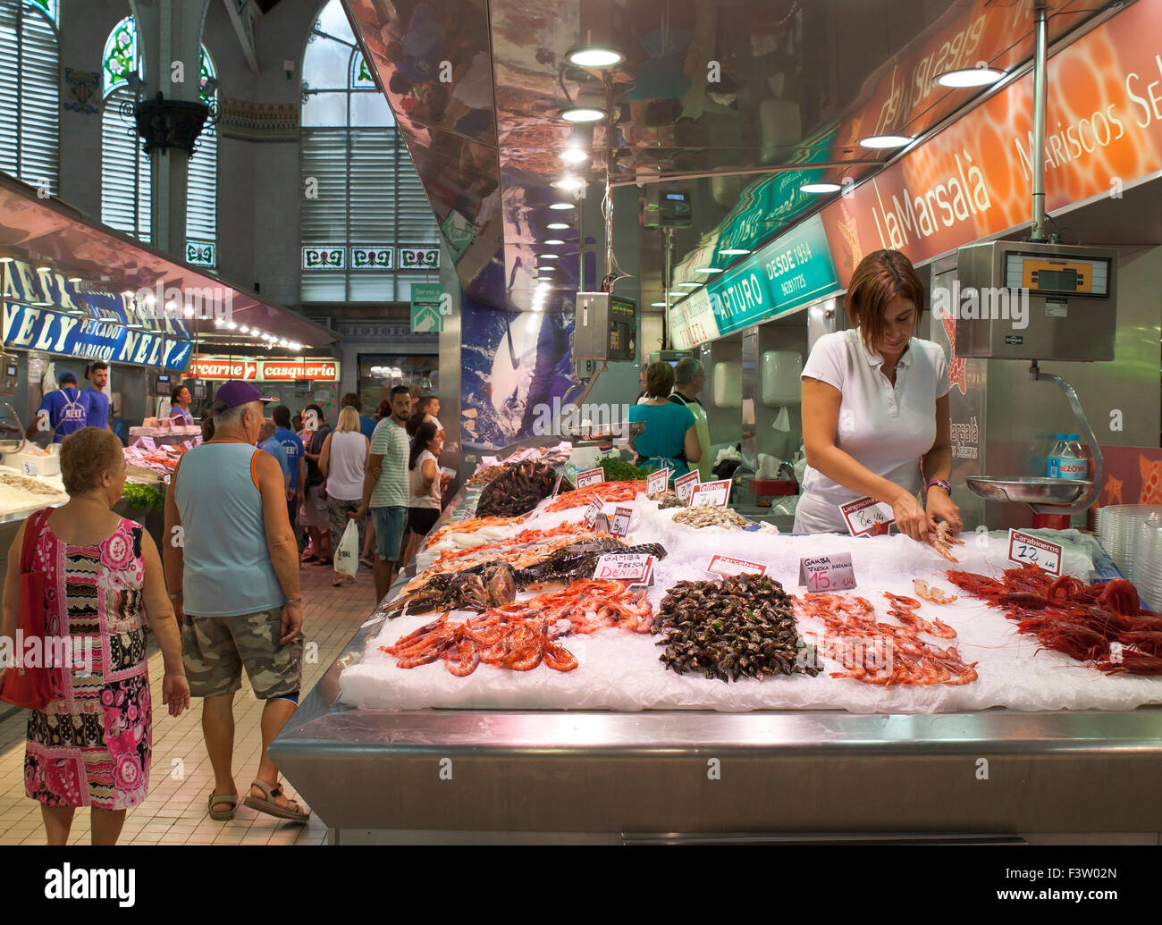 Fishmonger, Spanish market, Mercado Central Valencia. Stock Photo