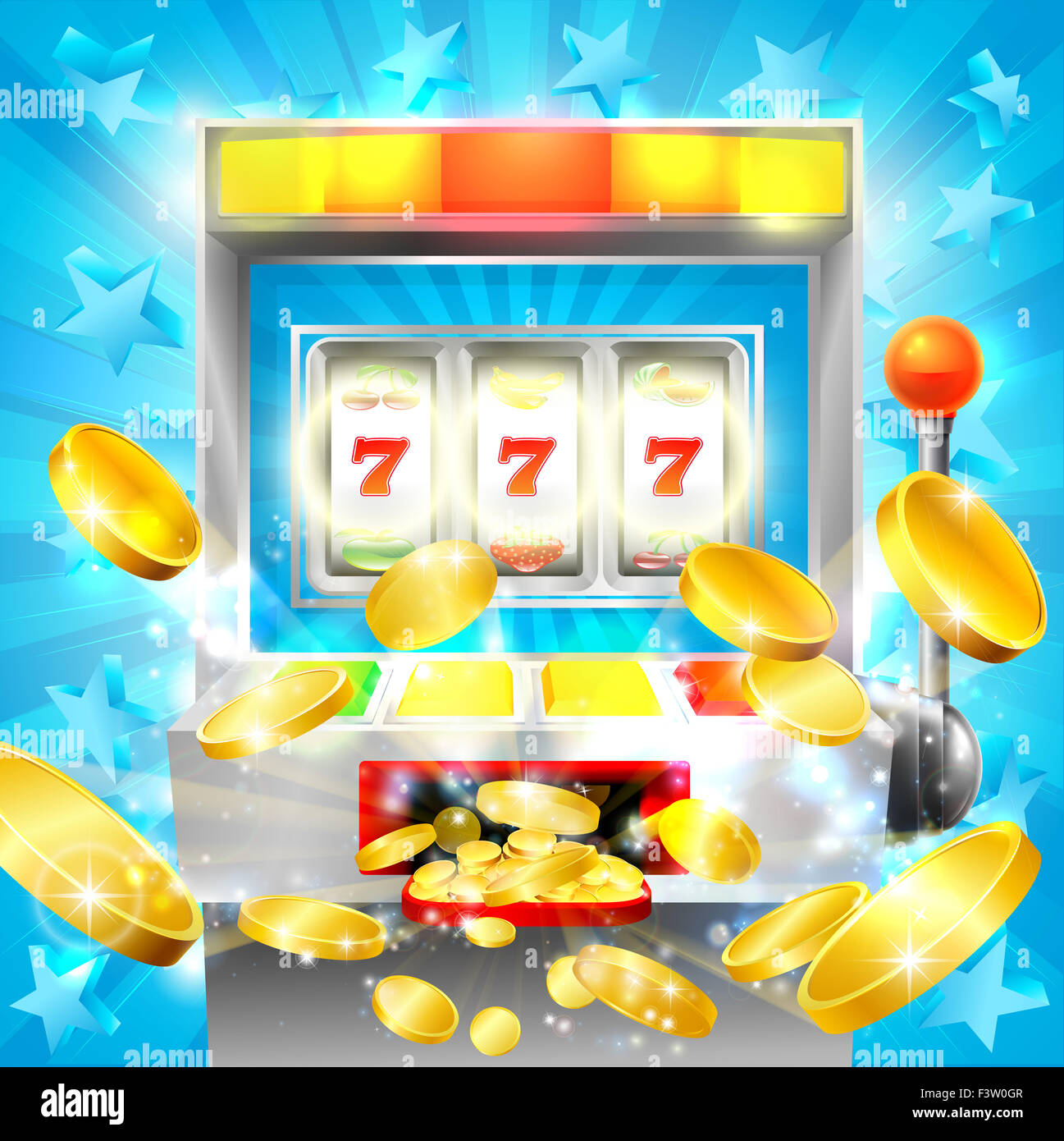 Slot machine casino jackpot concept with a slot or fruit machine hitting lucky 777 and gold coins flying out Stock Photo