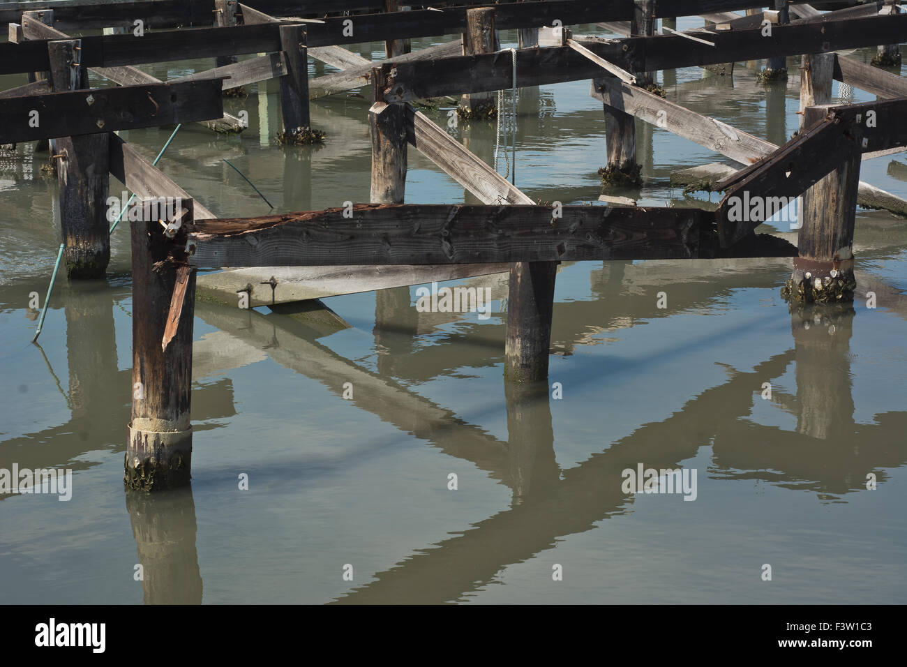 Old Wharf with Decaying Pilings at a Coastal Harbor Stock Photo