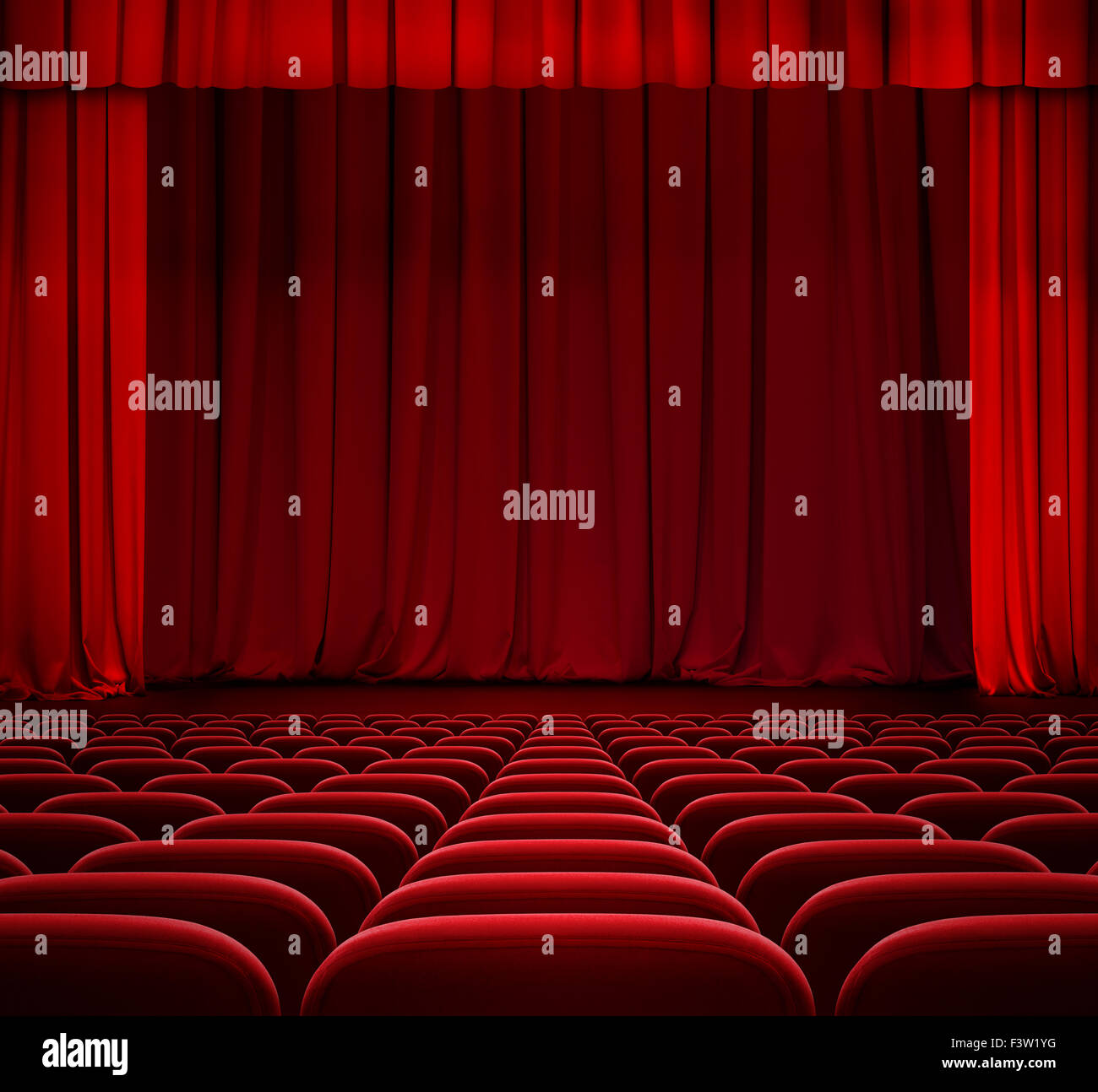 Red Curtain On Theater Stage With Red Velvet Seats Stock Photo