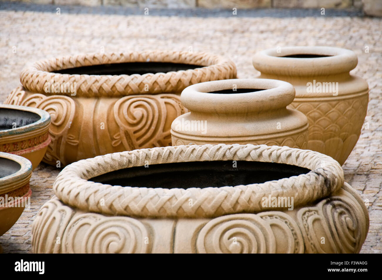 The group of antique decorative clay vases Stock Photo