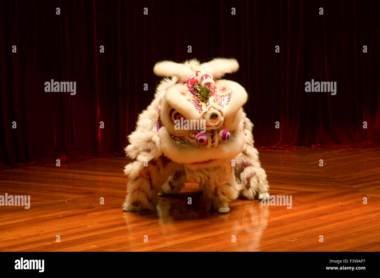The traditional Chinese lion dance on stage Stock Photo