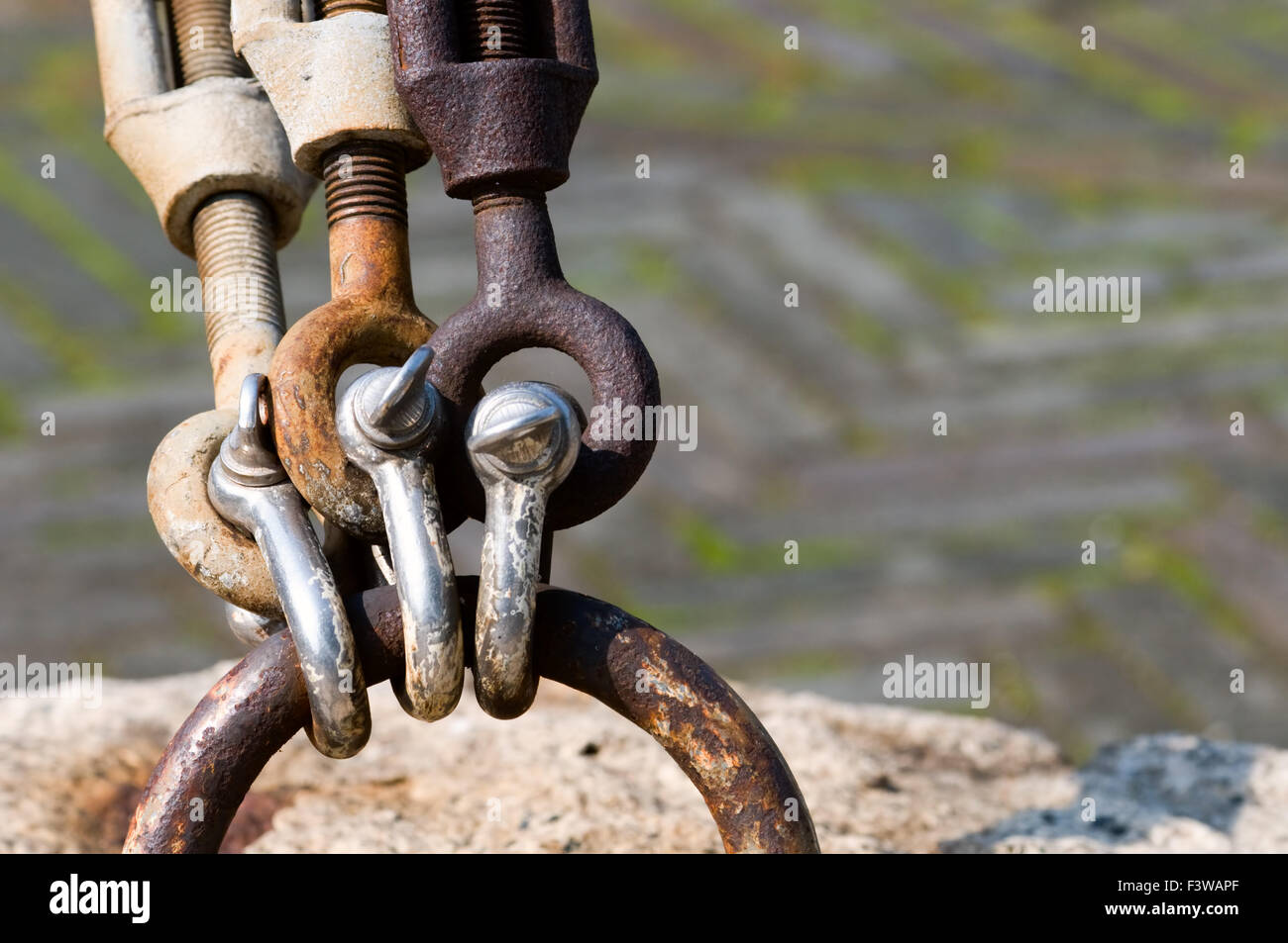 The close up of rusty shackles and chains Stock Photo