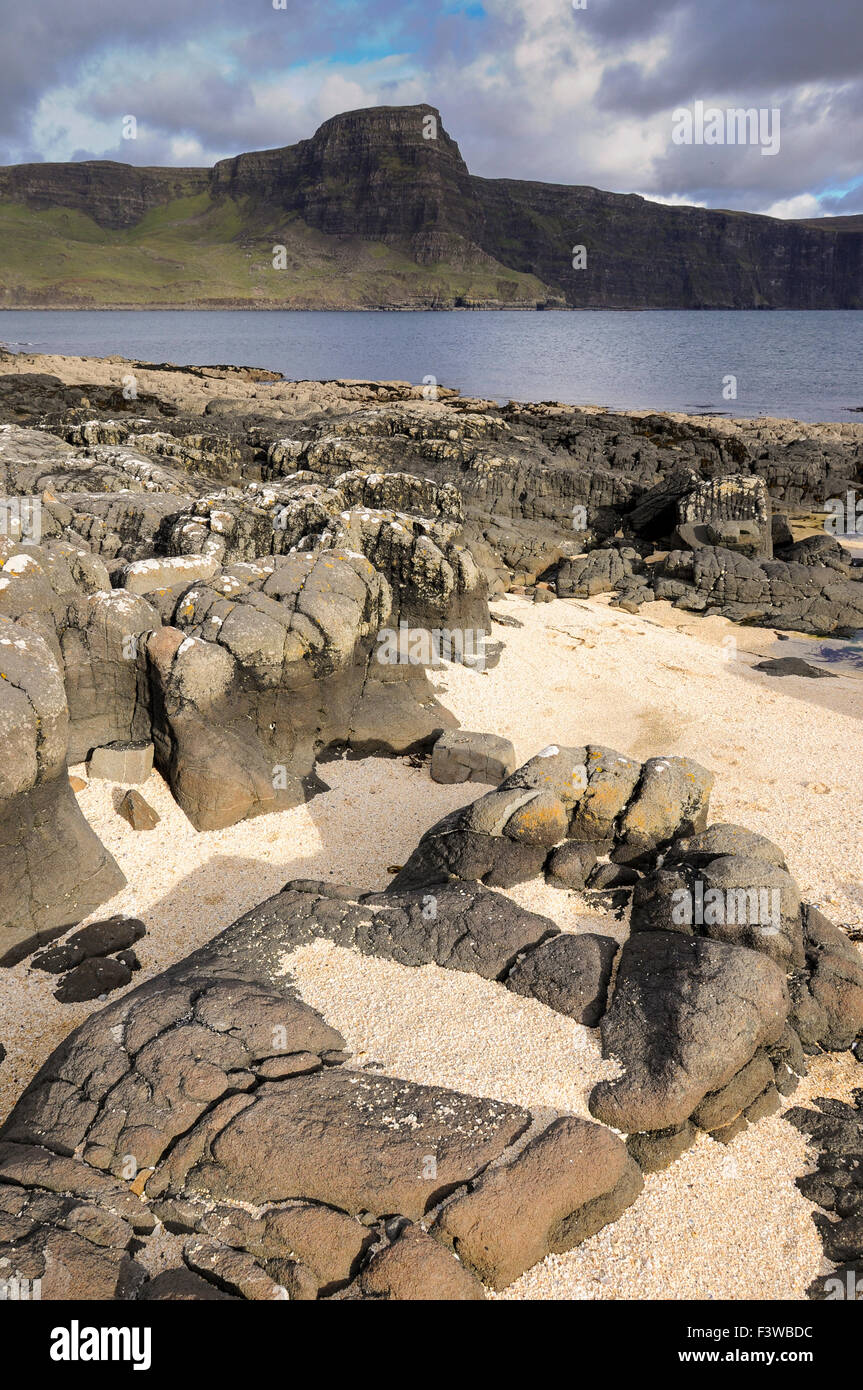 Waterstein Head on the Isle of Skye, Scotland. A small beach with pale sand in the foreground. Stock Photo