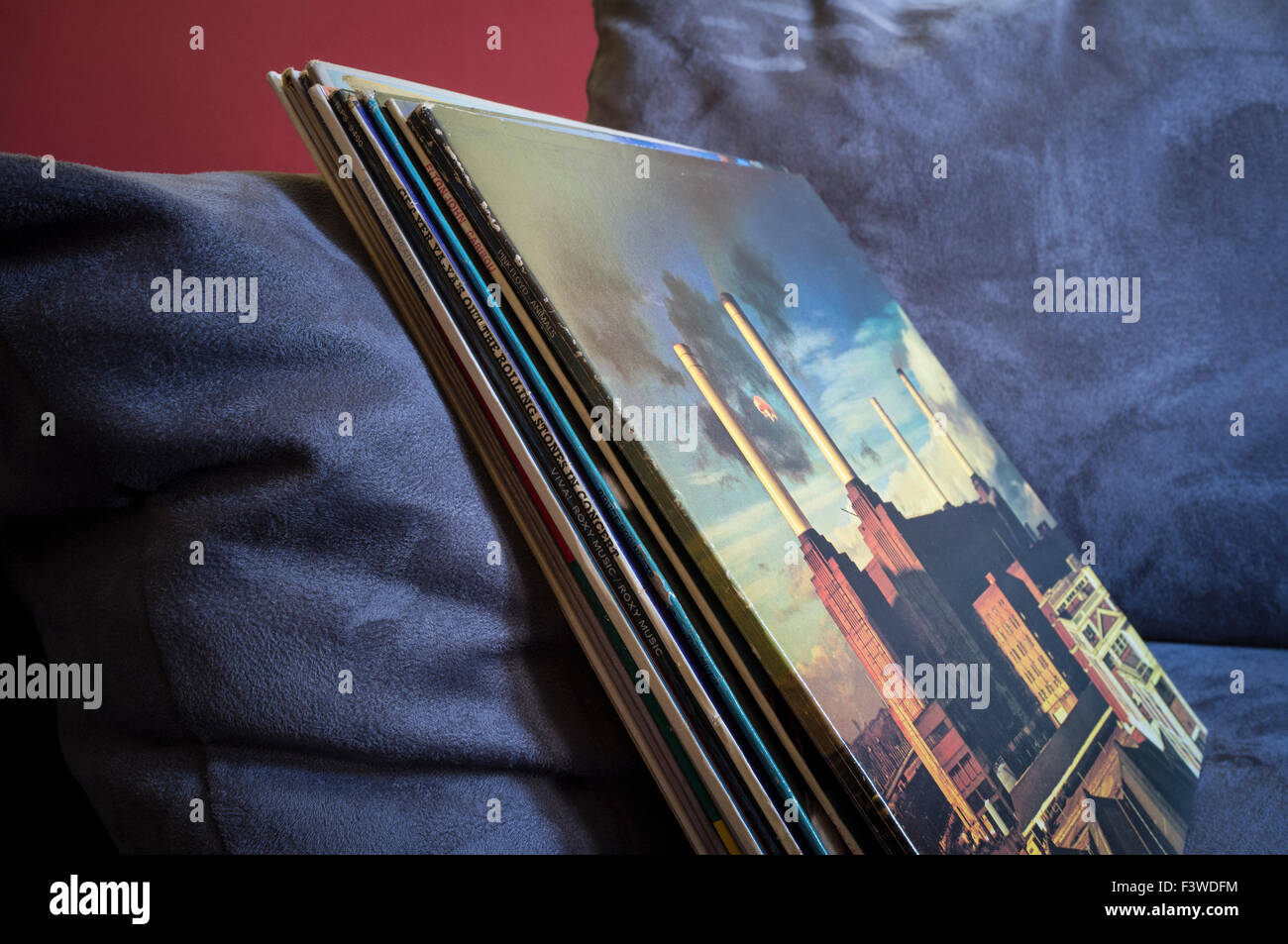 Pile of old vinyl albums on a settee with Pink Floyd's Animals sleeve showing Stock Photo