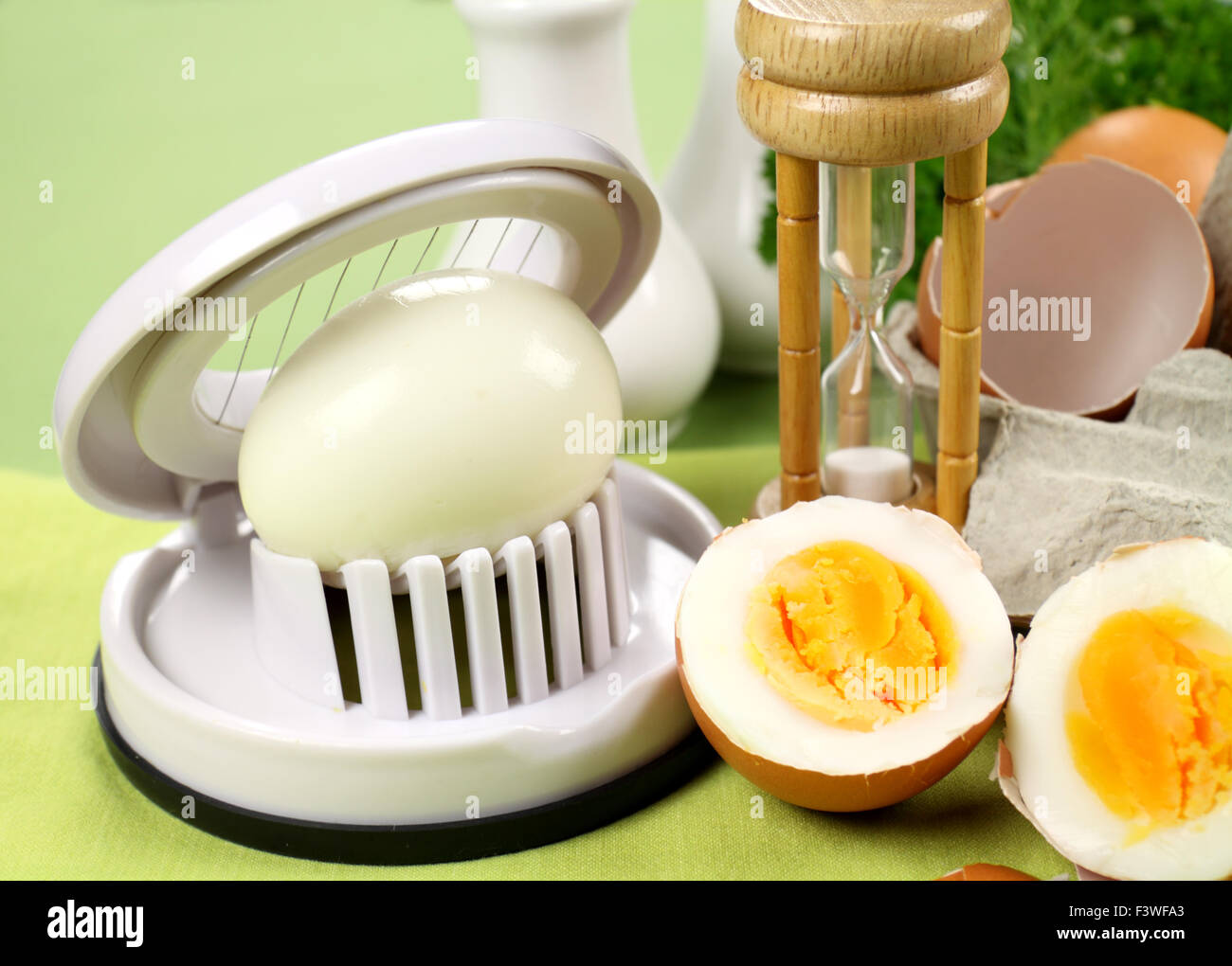 Egg Slicer And Boiled Eggs On The Saucers Closeup Stock Photo - Download  Image Now - Meat Slicer, Egg - Food, Bamboo - Material - iStock