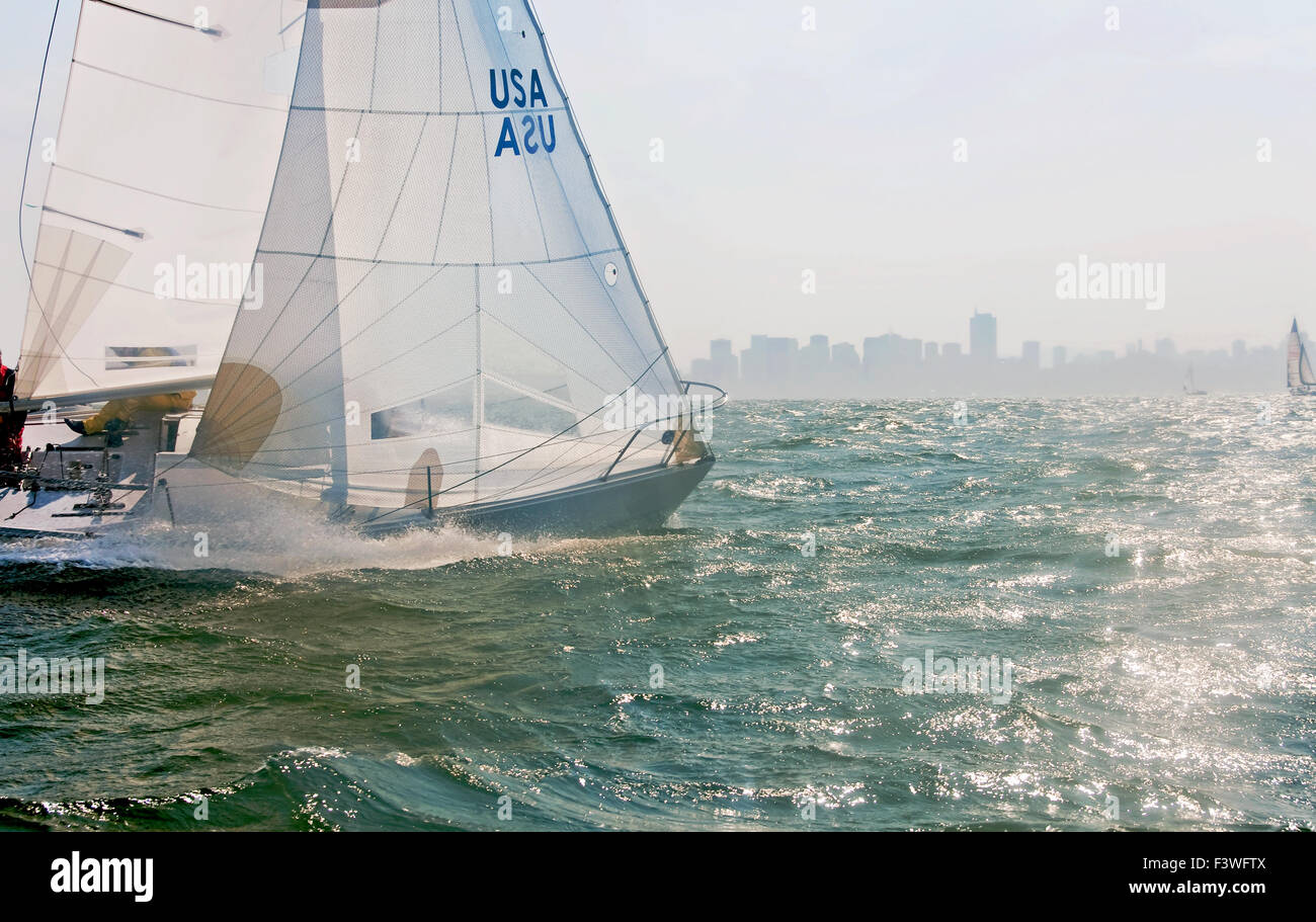a sailboat racing on the bay Stock Photo