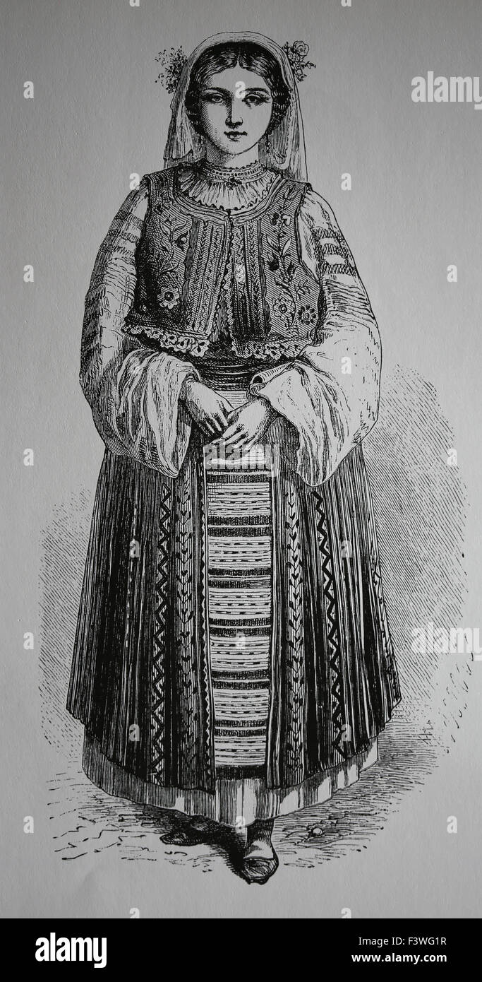 Romanian. Traditional female dress. 1860. Engraving. 19th century. Stock Photo