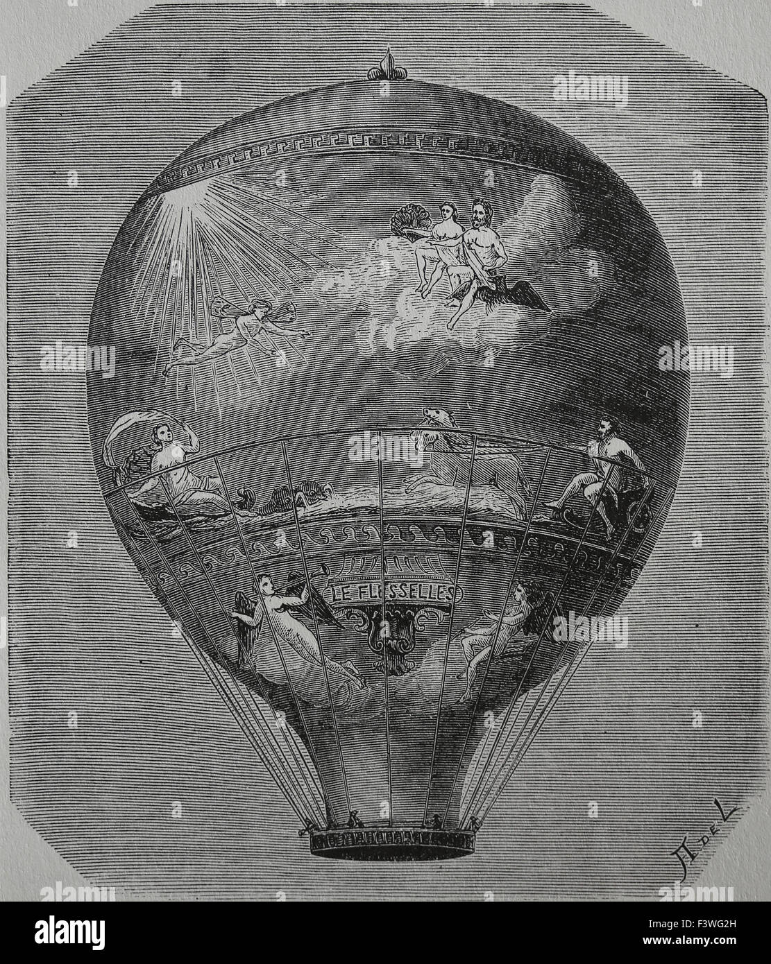 Early hot air balloon flight. This balloon Le Flesselles ascended over Lyon France on 1 January 1784. Stock Photo