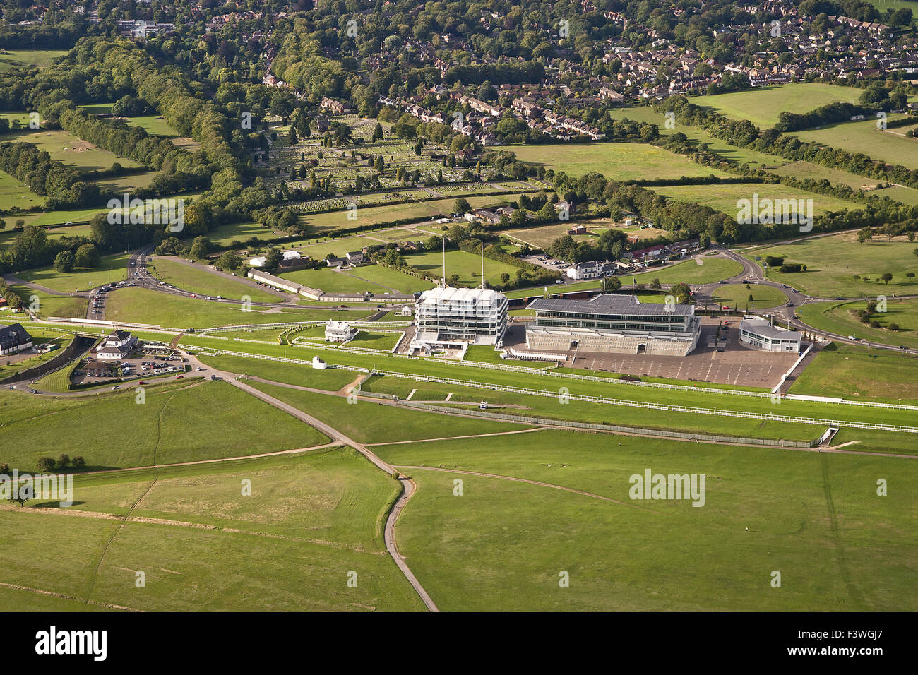 Aerial view over the famous Epsom Downs racecourse, Epsom, Surrey, UK Stock Photo
