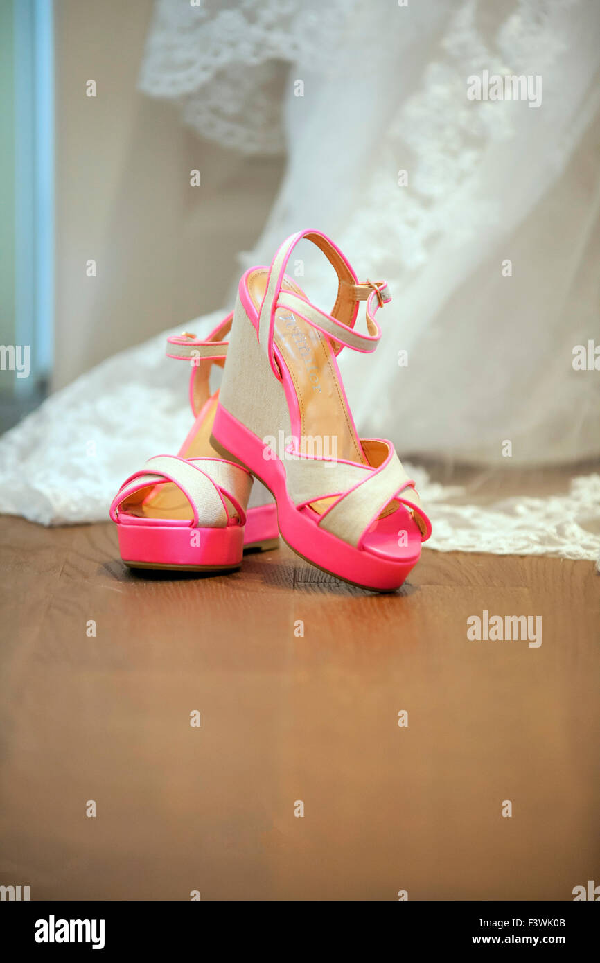 Bridal wedding shoes on the floor Stock Photo