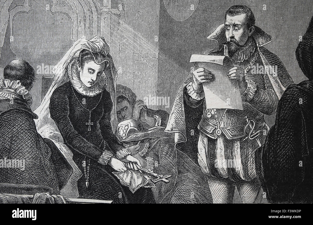 Queen of Scotland Mary Stuart (1542-1587). Sentencing death. Engraving by P. Sporrer. Almanac. The Illustration, 1880, Spain. Stock Photo