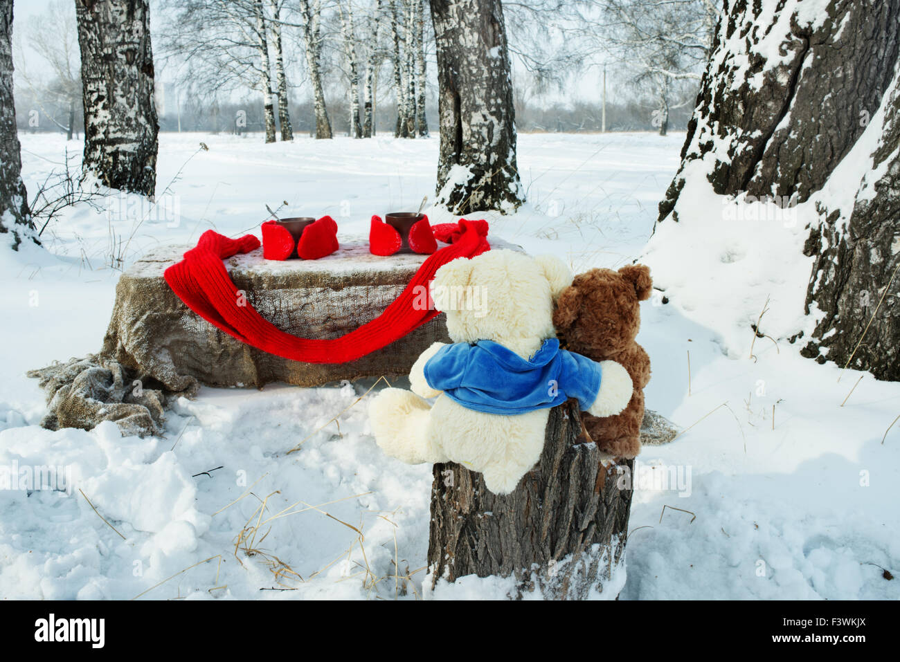 Teddy bears rest in winter forest Stock Photo - Alamy