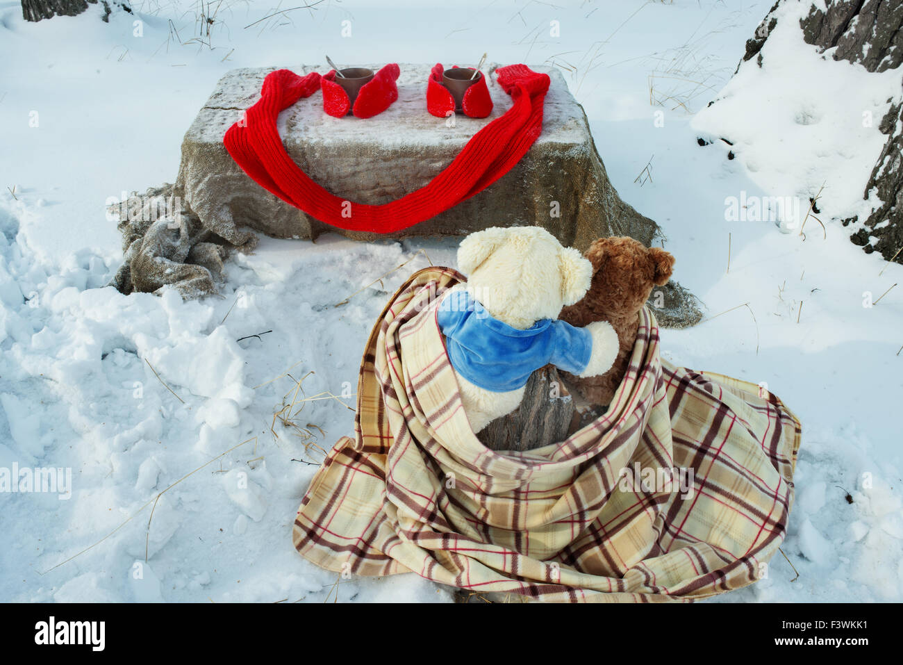Teddy bears rest in winter forest Stock Photo - Alamy