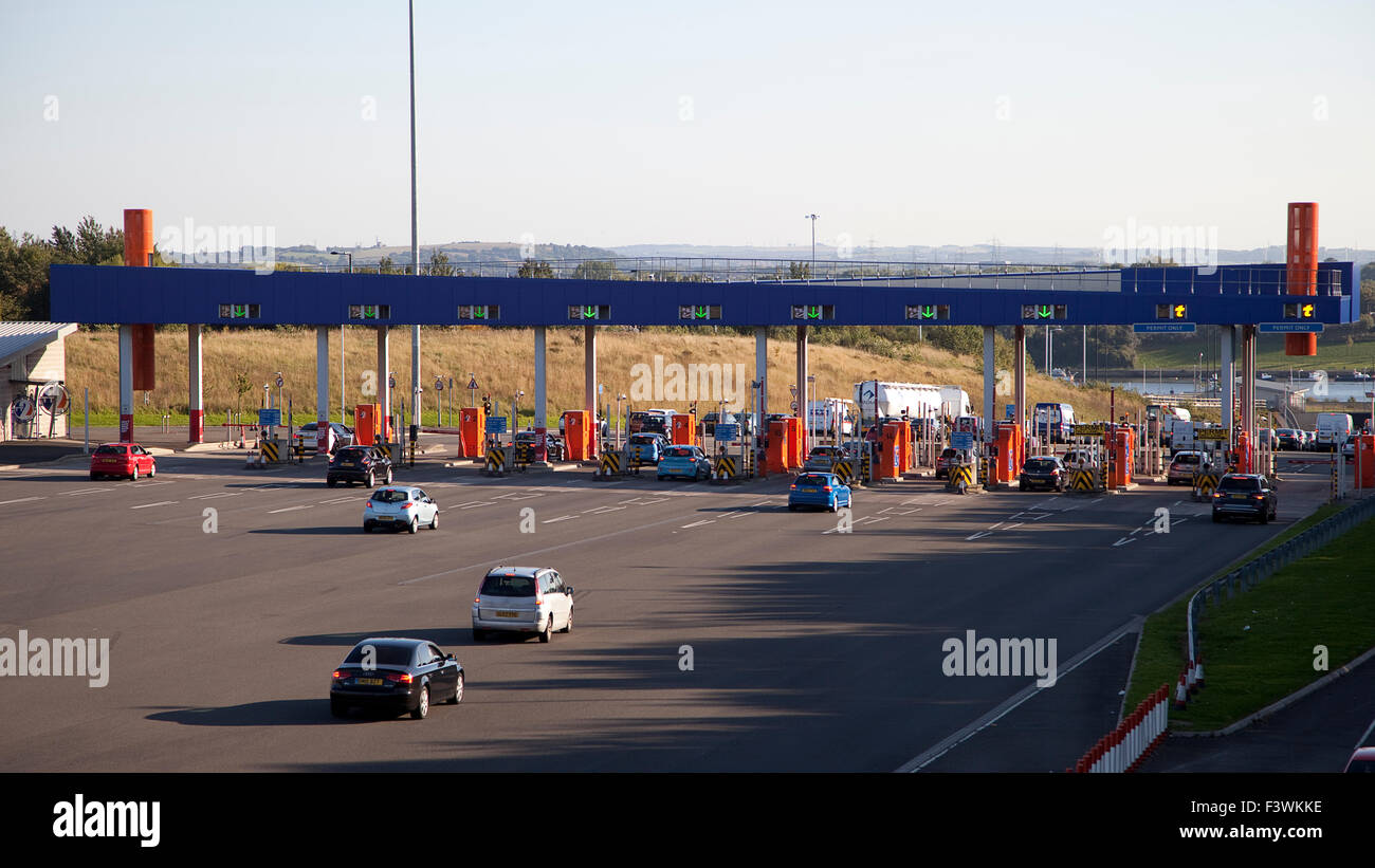 Toll barriers at the northern approach to the Tyne Tunnel in North Shields, Newcastle, England. Stock Photo