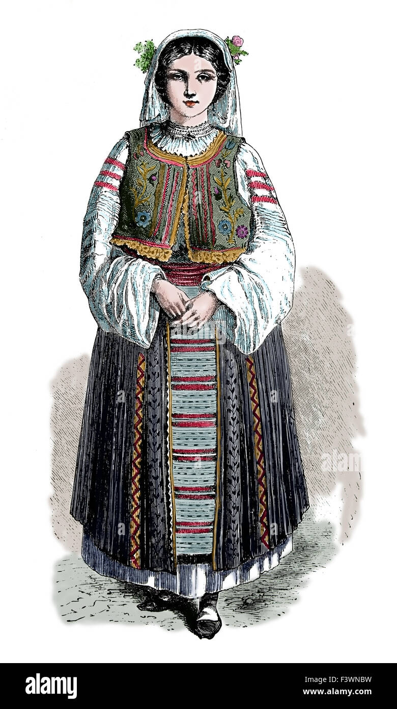 Romanian. Traditional female dress. 1860. Engraving. 19th century. Later colouration. Stock Photo