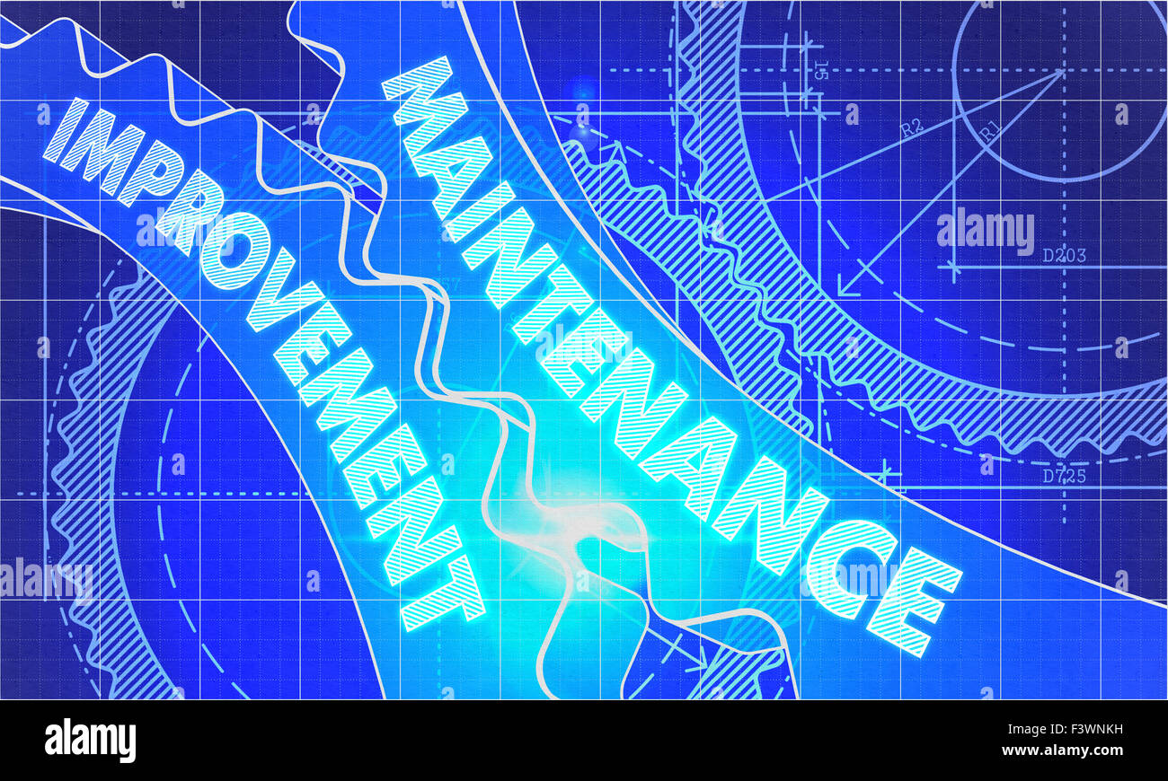 Maintenance Improvement on Blueprint of Cogs. Technical Drawing Style. 3d illustration with Glow Effect. Stock Photo