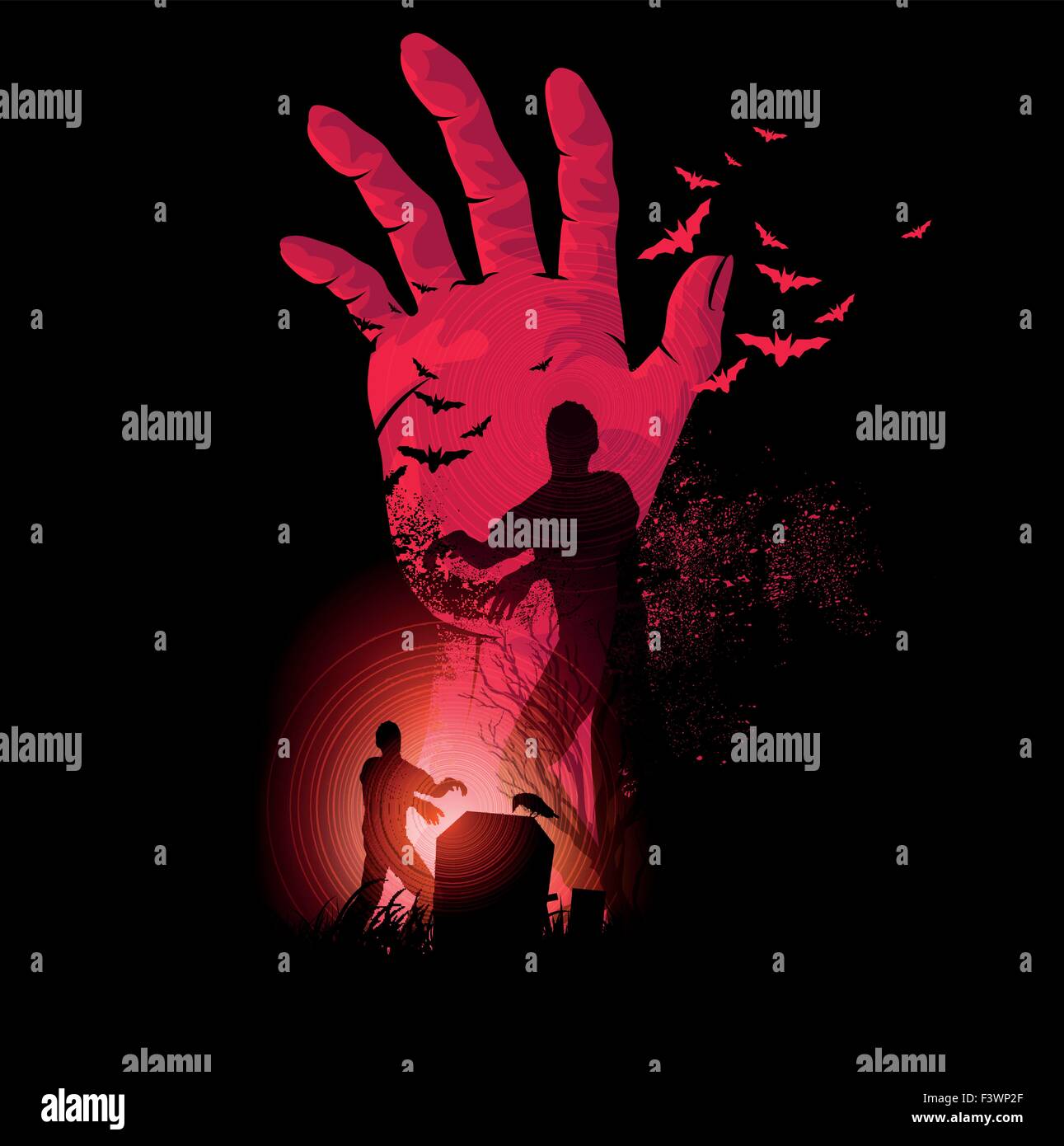 Zombie Night. A zombie hand rising up with zombies walking. Halloween Vector illustration. Stock Vector