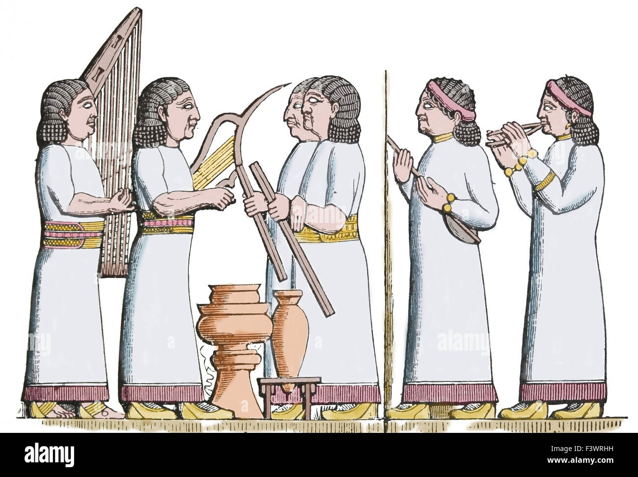 Ancient Near East. Mesopotamia. Assyria. Musicians (harp, lyre, lute, aulos). Engraving, 19th century. Color. Stock Photo