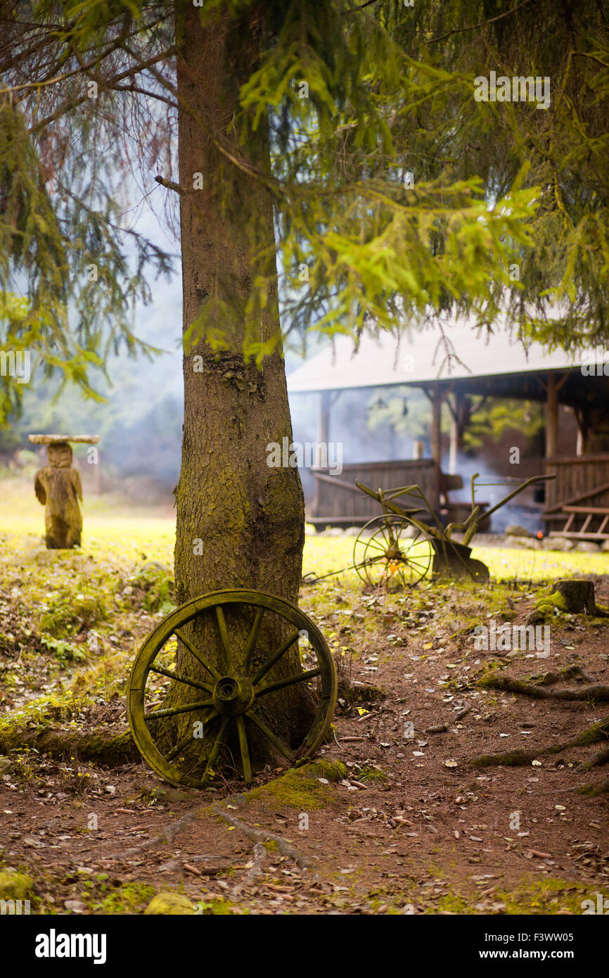 Old wagon wheel on the tree Stock Photo