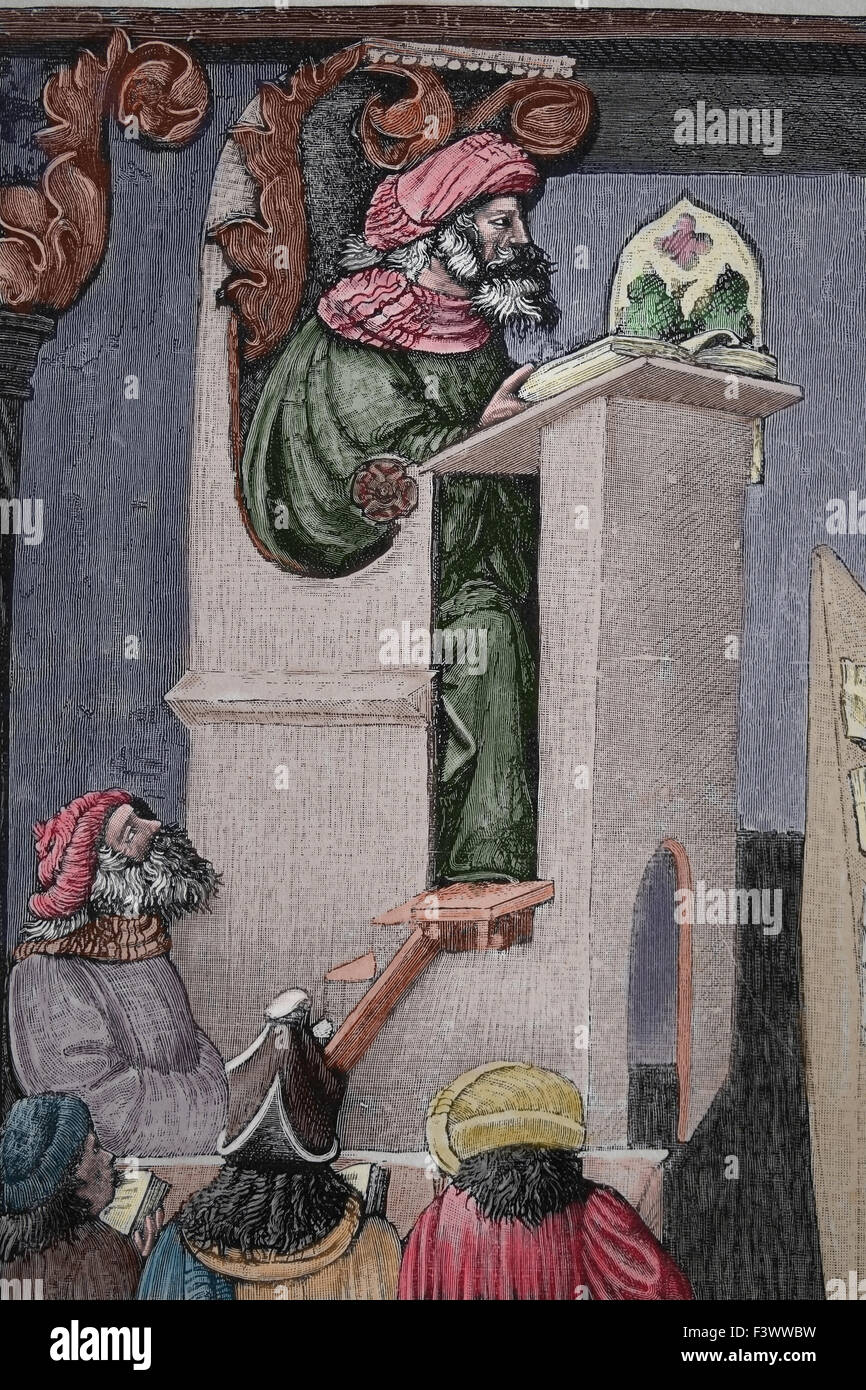 Medieval university. Engraving, 19th century. Later colouration. Stock Photo