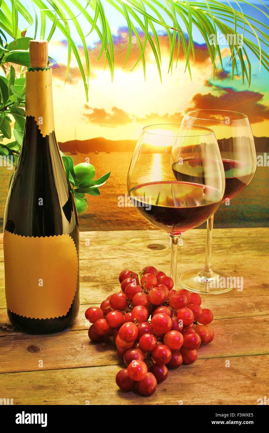 Red wine at sunset Stock Photo