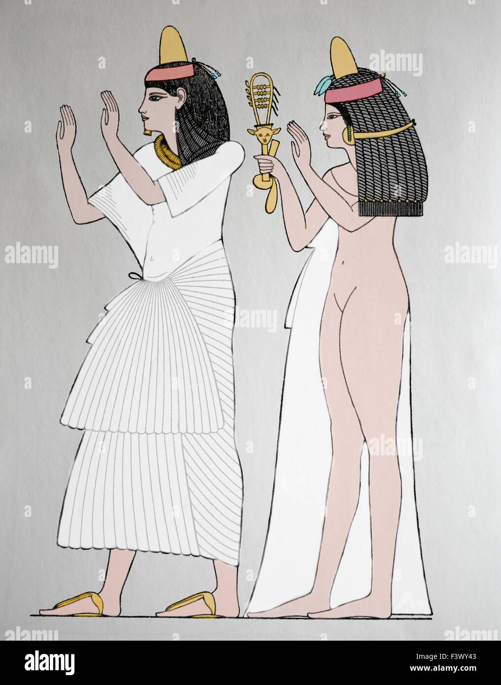 Antiquity. Ancient Egypt. Man and woman, Thebes dynasty. Engraving. 19th century. Color. Stock Photo