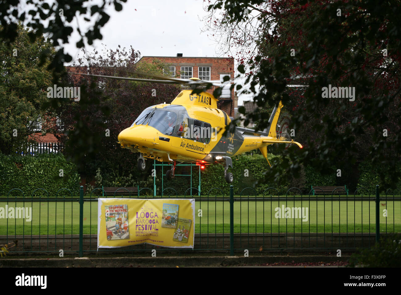 Air ambulance lands in loughborough after a person was taken ill at the coffee pot in granby street police also attended the scene. UPDATE A man died at the scene after suffering a medical collapse Stock Photo