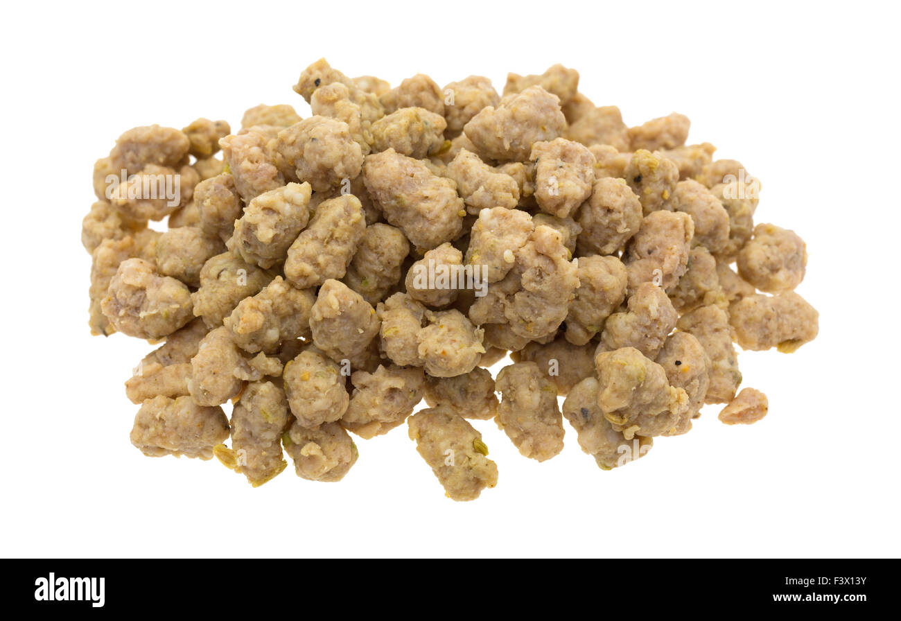 A portion of crumbled Italian sausage for pizzas isolated on a white background. Stock Photo
