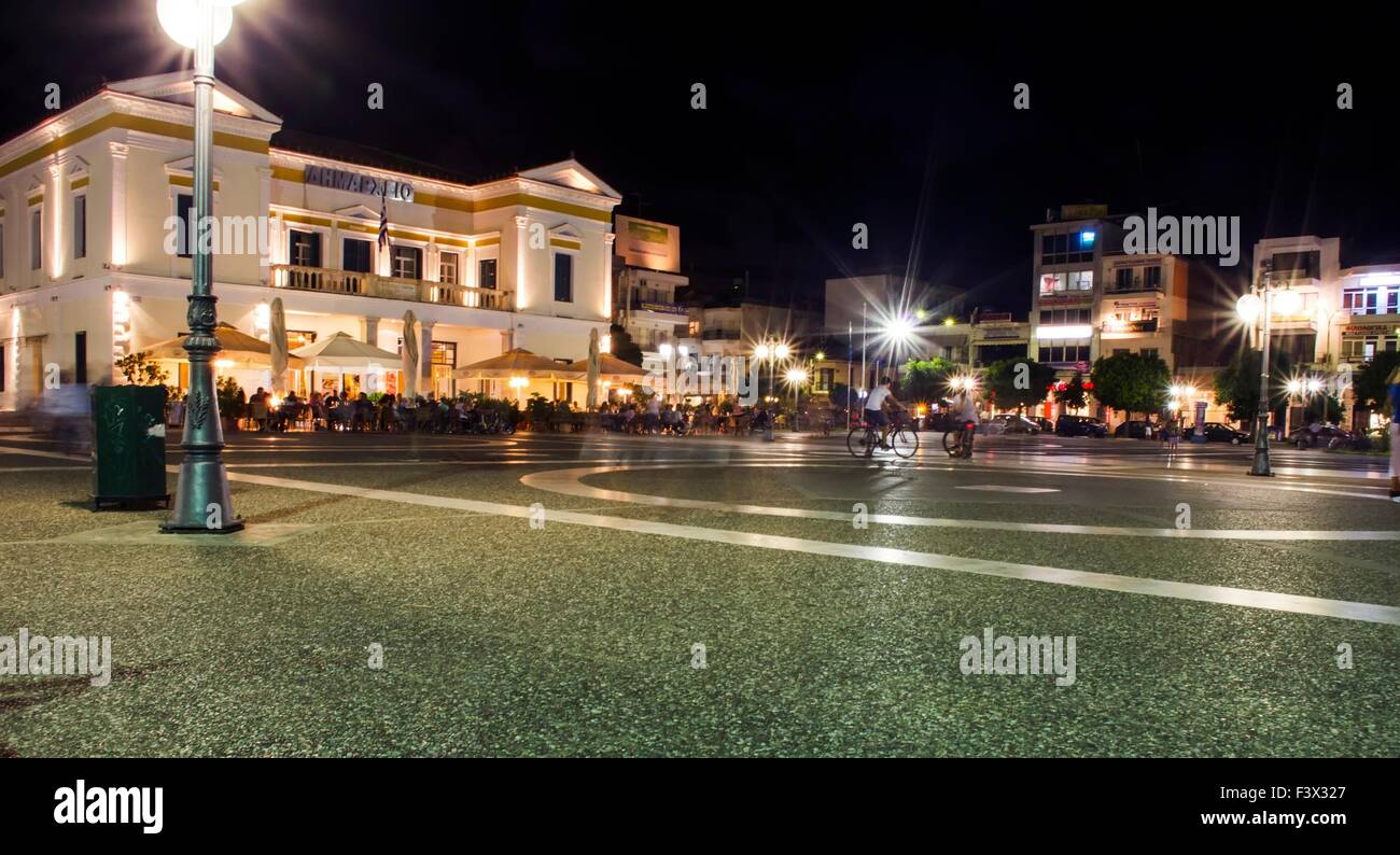 A night view of the main square of the modern city of Sparta in Greece