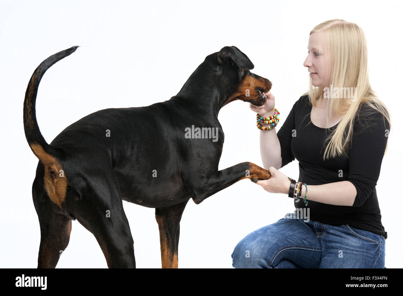 Young Woman with Doberman Stock Photo