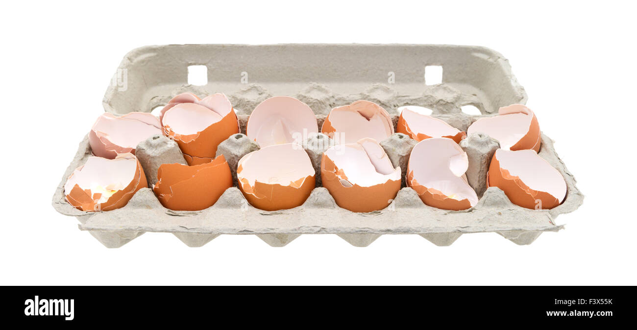 A dozen broken eggshells in an opened cardboard container on a white background. Stock Photo