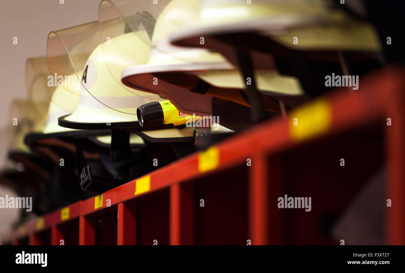 Firefighter helmets lined with side lamp Stock Photo